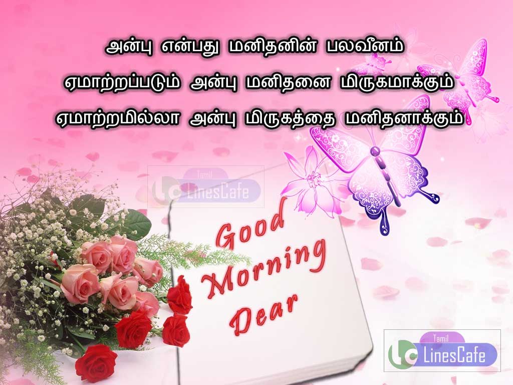 Good Morning With Best Tamil Quotes About AnbuAnbu Yenbathu Manithanin Palaveenam Yematrappadum Anbu Manithanai Mirukamakkum. Yematramilla Anbu Mirugathai Manithanakkum